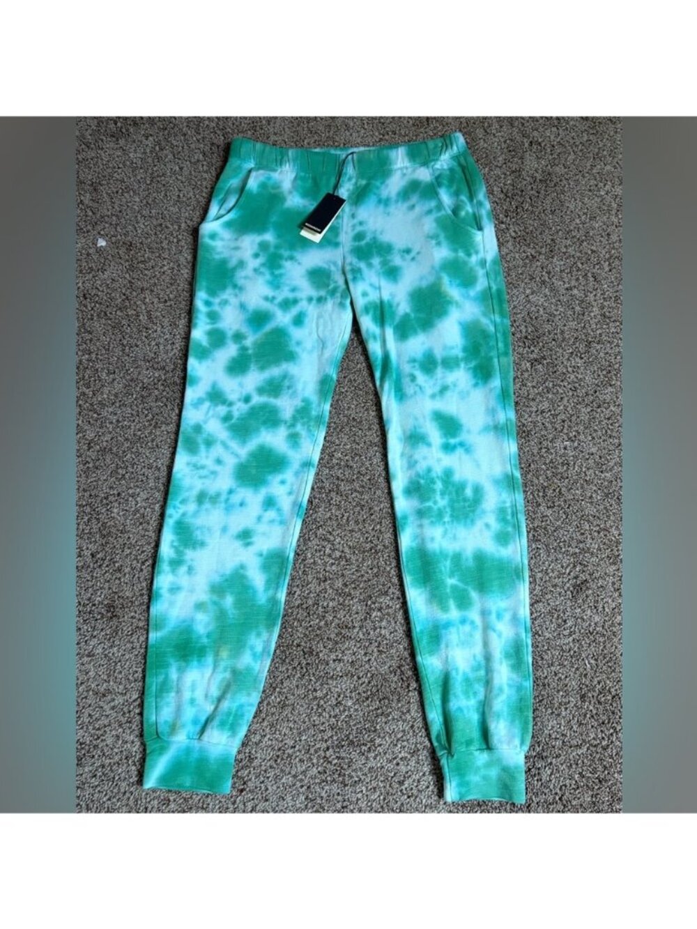 NEW Monrow Supersoft Tie-Dye Green Blue White High-Rise Jogger Lounge Pants XS
